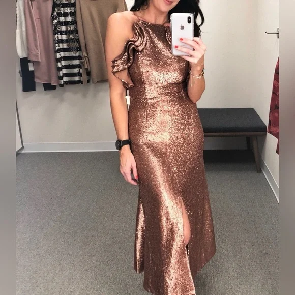 NWT C/MEO Collective Illuminated Sequin Ruffle Midi Dress | Copper Rose Gold | S - Picture 2 of 12